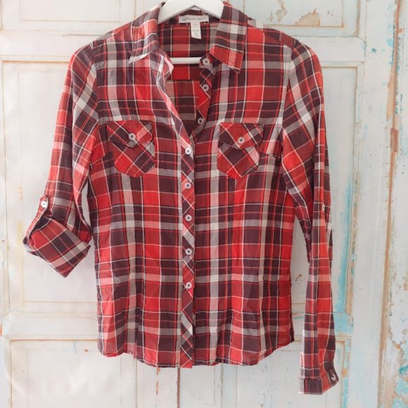 Ambiance apparel plaid short/long sleeve button collared shirt/top/S/orange brwn - Picture 6 of 7